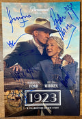 A cast autographed photo poster from the television series, 1923 A Yellowstone Origin Story. Signed photo of Harrison Ford, Helen Mirren, Brandon Sklenar, Darren Mann, Michelle Randolph, James Badge Dale, Marley Shelton and Brian Geraghty in blue ink markers signatures. Photograph Harrison Ford autographs for sale on 8x12 inch photo.