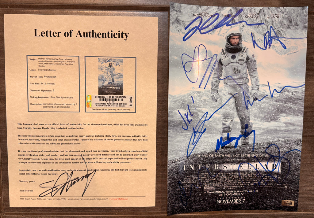 A cast autographed poster of the movie Interstellar. Signed photo of Matthew McConaughey, Anne Hathaway, Jessica Chastain, Christopher Nolan, Matt Damon, Mackenzie Foy, Wes Bentley and John Lithgow in blue ink marker signatures. Photograph autographs for sale on 8x12 inch picture with COA.