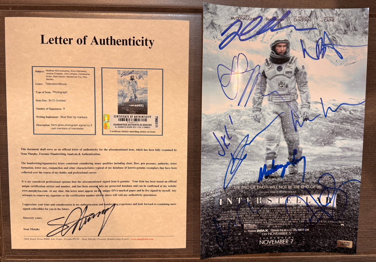A cast autographed poster of the movie Interstellar. Signed photo of Matthew McConaughey, Anne Hathaway, Jessica Chastain, Christopher Nolan, Matt Damon, Mackenzie Foy, Wes Bentley and John Lithgow in blue ink marker signatures. Photograph autographs for sale on 8x12 inch picture with COA.