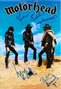Motörhead signed photo print. Signed poster by Lemmy Kilmister, "Fast" Eddie Clarke and Phil "Philthy Animal" Taylor in blue ink markers. Photograph autographs for sale on 8x12 inch picture.
