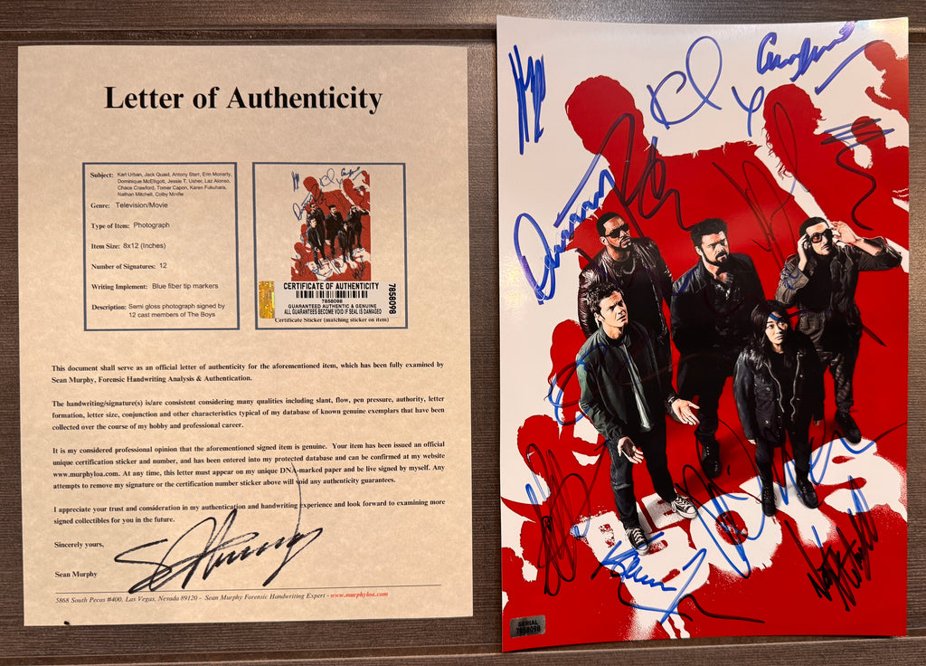 An autographed poster of the television series, The Boys. Signed photo of Karl Urban, Jack Quaid, Antony Starr, Erin Moriarty, Dominique McElligott, Jessie T. Usher, Laz Alonso, Chace Crawford, Tomer Capon, Karen Fukuhara, Nathan Mitchell and Colby Minifie in blue ink markers. Photograph autographs for sale on 8x12 inch picture with COA.