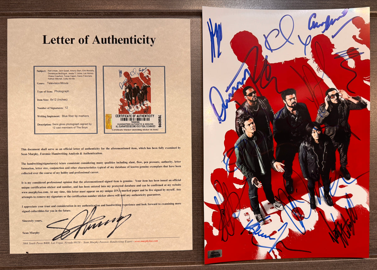 An autographed poster of the television series, The Boys. Signed photo of Karl Urban, Jack Quaid, Antony Starr, Erin Moriarty, Dominique McElligott, Jessie T. Usher, Laz Alonso, Chace Crawford, Tomer Capon, Karen Fukuhara, Nathan Mitchell and Colby Minifie in blue ink markers. Photograph autographs for sale on 8x12 inch picture with COA.