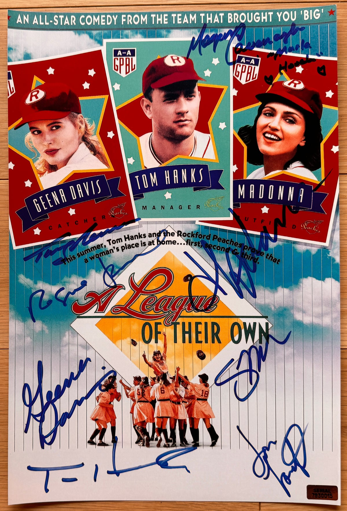 A cast autographed poster of the movie 'A League of Their Own'. Signed photo of Tom Hanks, Madonna, Geena Davis, Lori Petty, Rosie O'Donnell, Jon Lovitz, Megan Cavanagh and Tracy Reiner in blue ink markers signatures. Photograph autographs for sale on 8x12 inch picture.