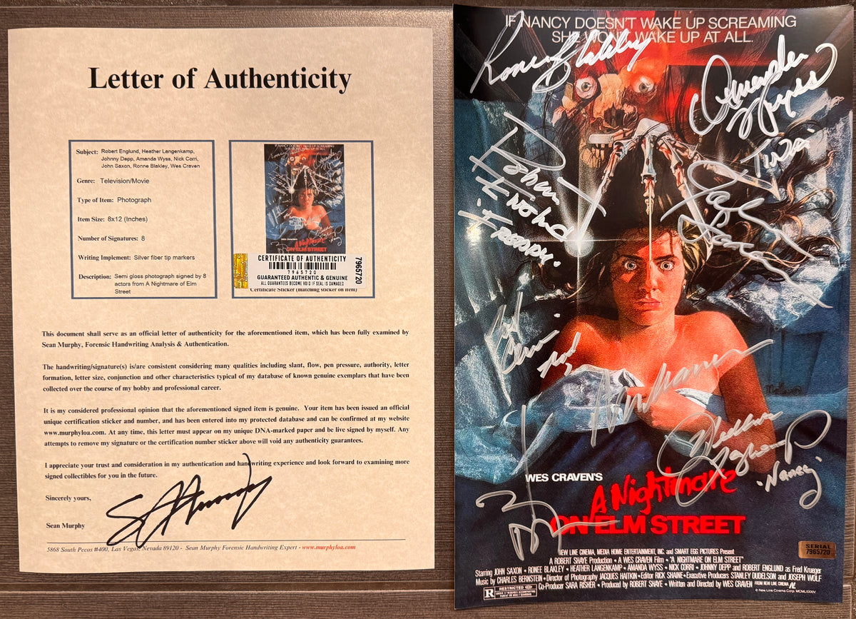 A cast autographed photo poster from the 1984 horror movie, A Nightmare on Elm Street. Signed photo of Robert Englund, Johnny Depp, Heather Langenkamp, ick Corri, Amanda Wydd, John Saxon, Ronee Blakley and Wes Craven in silver ink marker signatures. Photograph A Nightmare on Elm Street autographs for sale on 8x12 inch picture with COA.