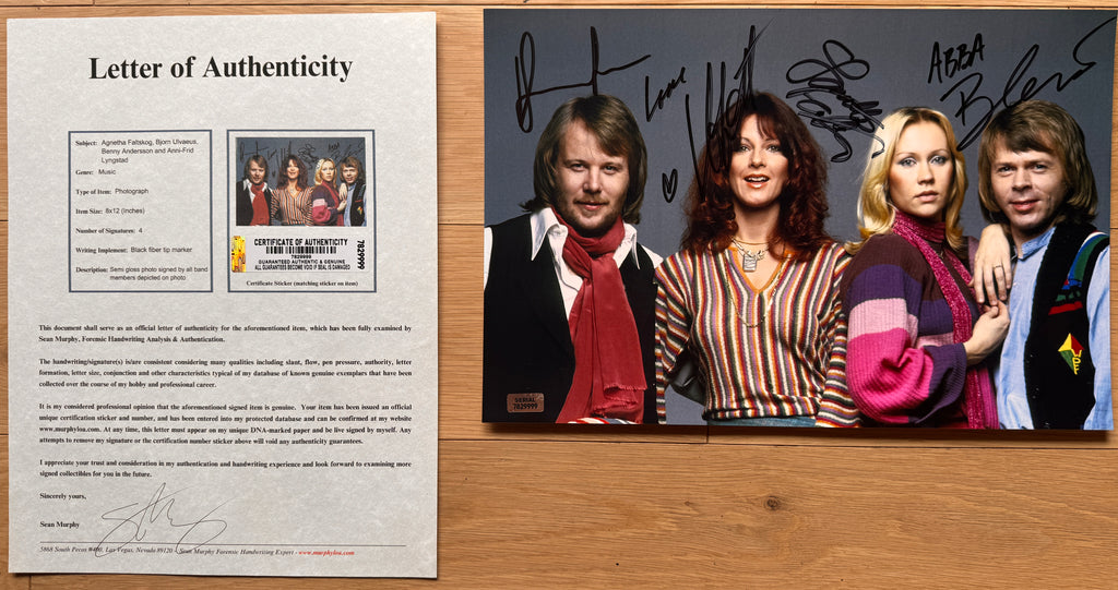 An autographed poster of the band, ABBA. Signed photo of Agnetha Faltskog, Bjorn Ulvaeus, Benny Andersson and Anni-Frid Lyngstad in black marker ink signatures. Photograph autographs for sale on 8x12 inch picture with COA.