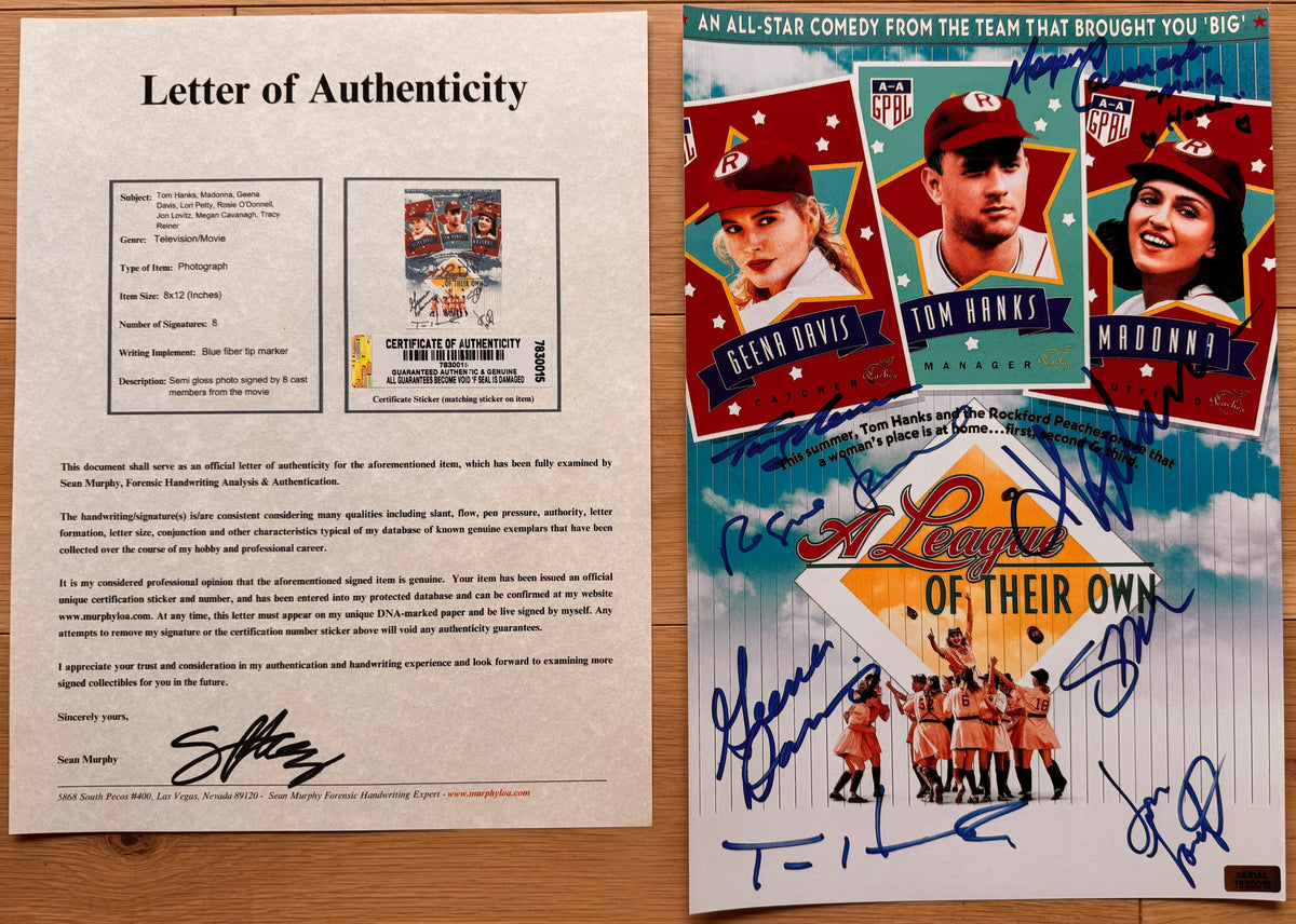 An autographed poster of the movie 'A League of Their Own'. Signed photo of Tom Hanks, Madonna, Geena Davis, Lori Petty, Rosie O'Donnell, Jon Lovitz, Megan Cavanagh and Tracy Reiner in blue ink markers. Photograph autographs for sale on 8x12 inch picture with COA.