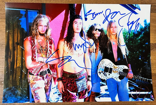 An autographed 8x12 photo print of the rock band Alice in Chains. Signed photo of Layne Staley, Jerry Cantrell, Mike Starr and Sean Kinney in blue ink marker signatures. Photograph autographs for sale on 8x12 inch picture.