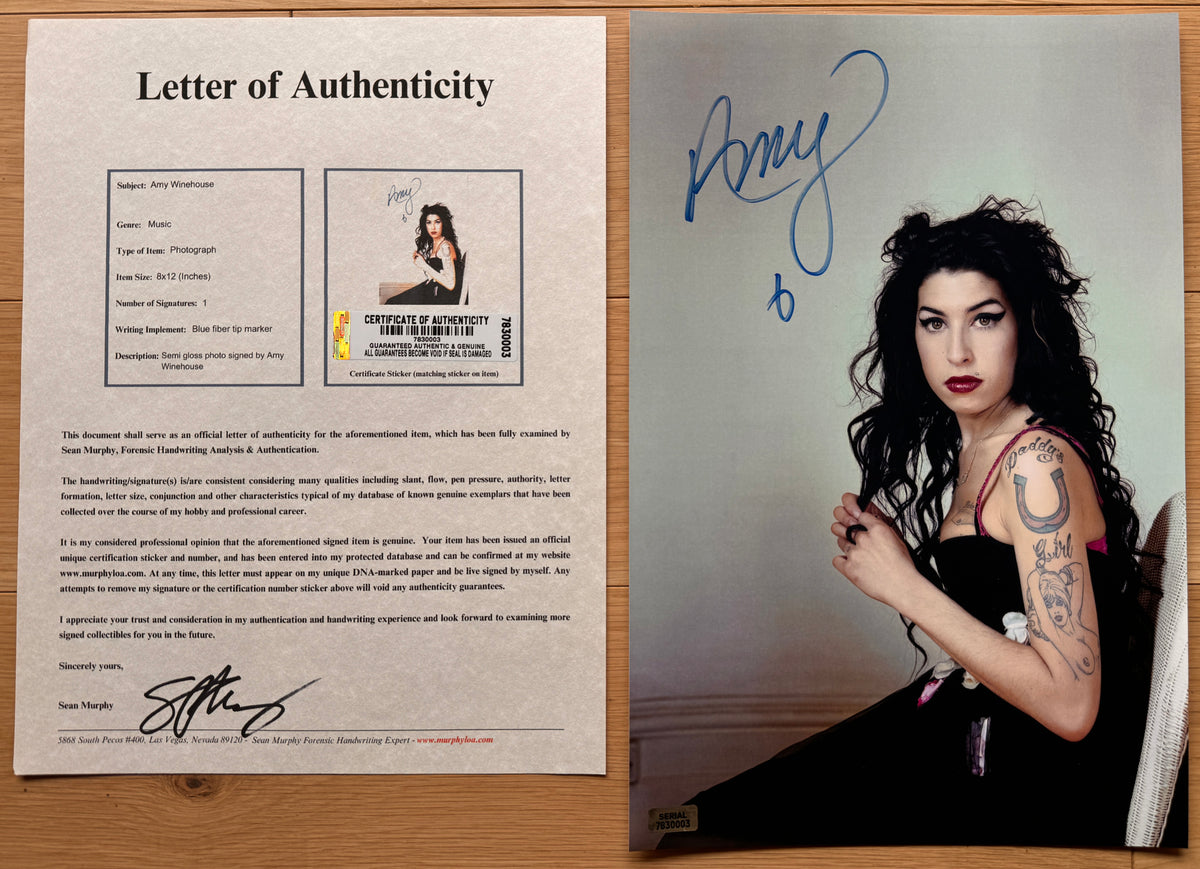 An autographed 8x12 photo print of Amy Winehouse, signed in blue ink at the top left. The photo shows her with long dark curly hair, wearing a black top, seated against a light gray wall with COA.