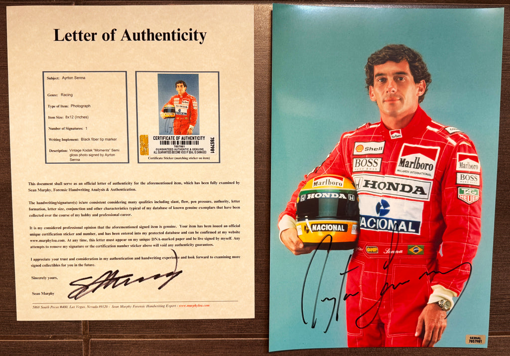 An autographed poster of racing star, Ayrton Senna. Signed photo in black ink marker signatures. Photograph autographs for sale on 8x12 inch picture with COA.