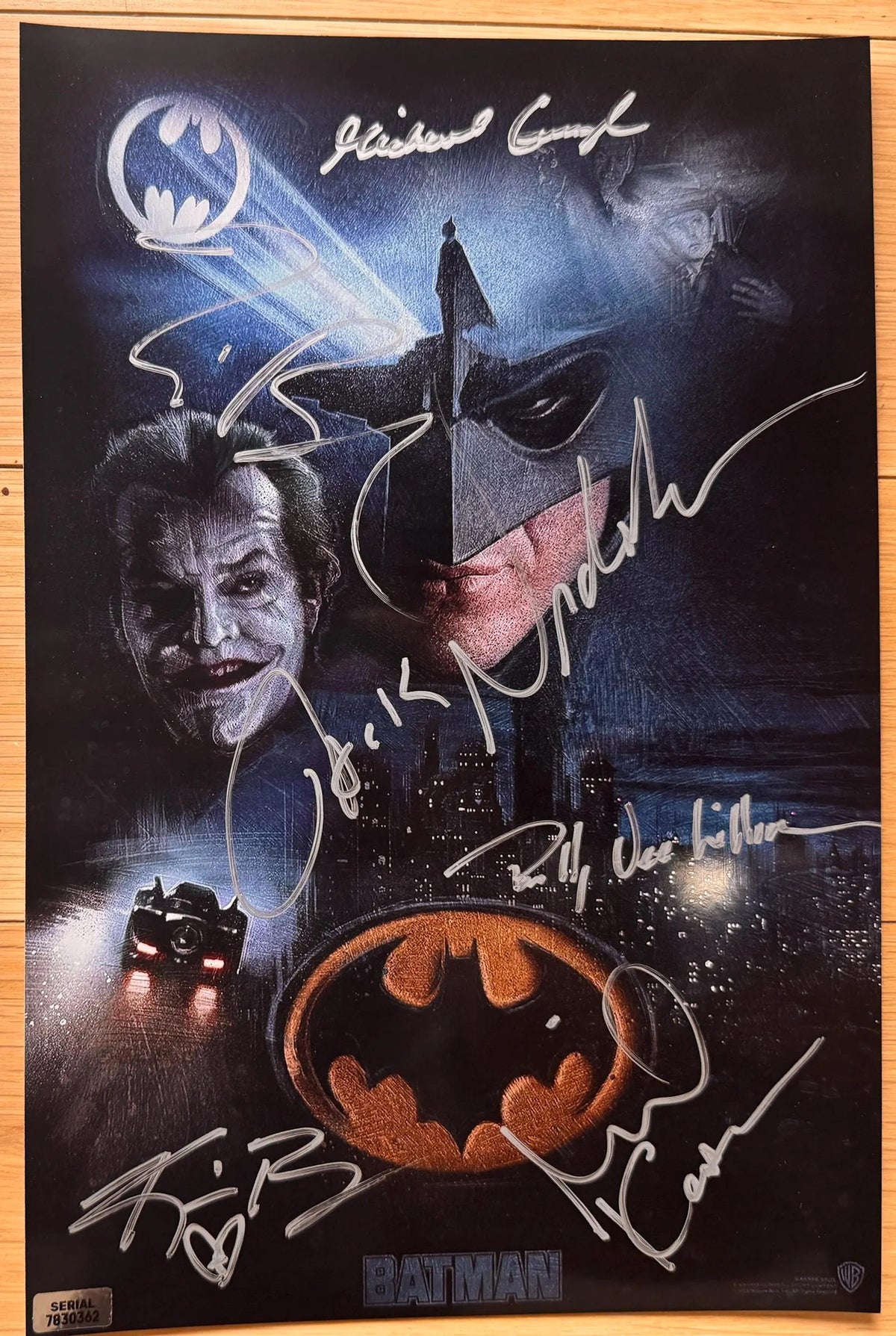 A cast autographed poster of the 1989 superhero movie, Batman. Signed photo of Jack Nicholson, Michael Keaton, Kim Basinger, Michael Gough, Billy Dee Williams and Tim Burton in silver ink markers. Photograph autographs for sale on 8x12 inch picture.