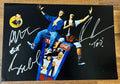 A cast autographed photo poster of the movie Bill and Ted's Excellent Adventure. Signed poster by Keanu Reeves, Alex Winter and George Carlin in silver ink markers signatures. photograph Keanu Reeves autographs for sale on 8x12 inch picture.