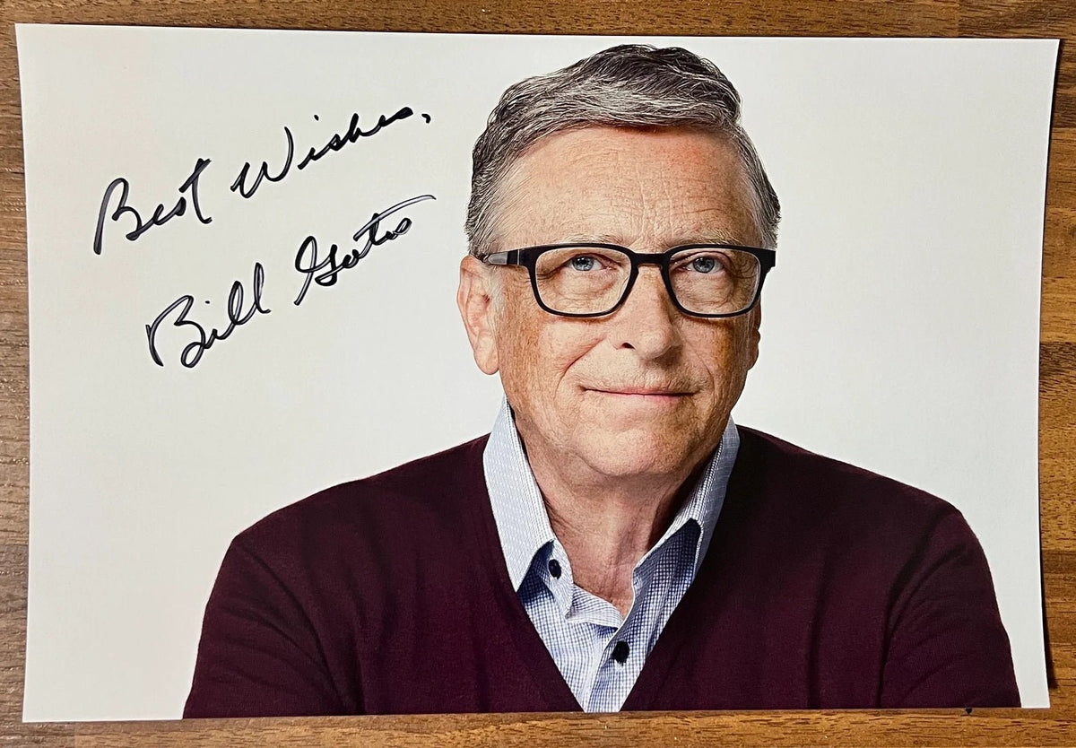 An autographed photo poster of Microsoft CEO, Bill Gates. Signed photo in black ink marker with Best Wishes inscription signatures. Photograph Bill Gates autographs for sale on 8x12 inch picture.