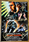 An autographed Blade Runner movie photo poster. Signed photograph of Harrison Ford, Rutger Hauer, Sean Young, Edward James Olmos, Daryl Hannah and William Sanderson in gold ink markers. Photograph autographs for sale on an 8x12 inch picture.