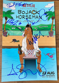 A cast autographed Bojack Horseman poster. Signed photo of Will Arnett, Amy Sedaris, Aaron Paul, Alison Brie and Paul F. Tompkins in blue ink marker signatures. Photograph autographs for sale on 8x12 inch picture.
