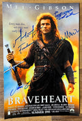 A cast autographed photo poster from the movie, Braveheart. Signed photo of Mel Gibson, Sophie Marceau, Patrick McGoohan, Catherine McCormack, Brendan Gleeson and James Cosmo in blue ink markers Signatures. photograph Mel Gibson autographs for sale on 8x12 inch picture.
