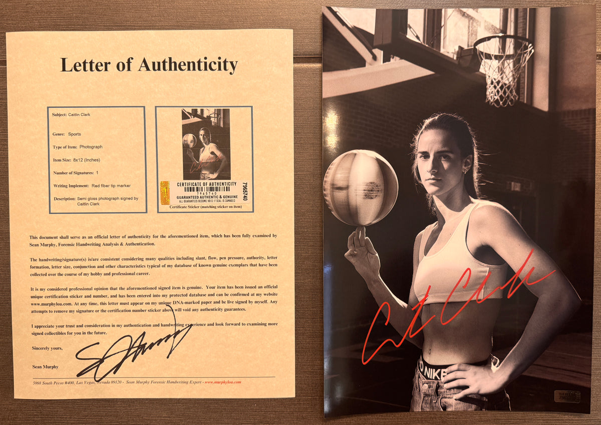 An autographed panini prizm rookie patch photo poster of WNBA Indiana Fever player, Caitlin Clark. Signed photograph in red paint pen ink marker signatures. Photograph Caitlin Clark autographs for sale on 8x12 inch picture with COA.