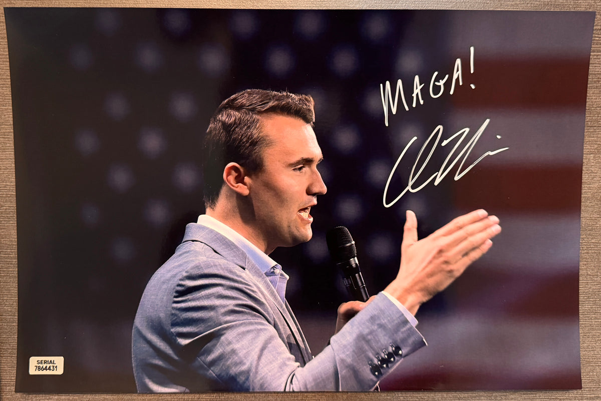 An autographed signed photo poster of conservative political activist, Charlie Kirk. He inscribed MAGA with his autograph. photograph Charlie Kirk autographs for sale with 8x12 inch picture.