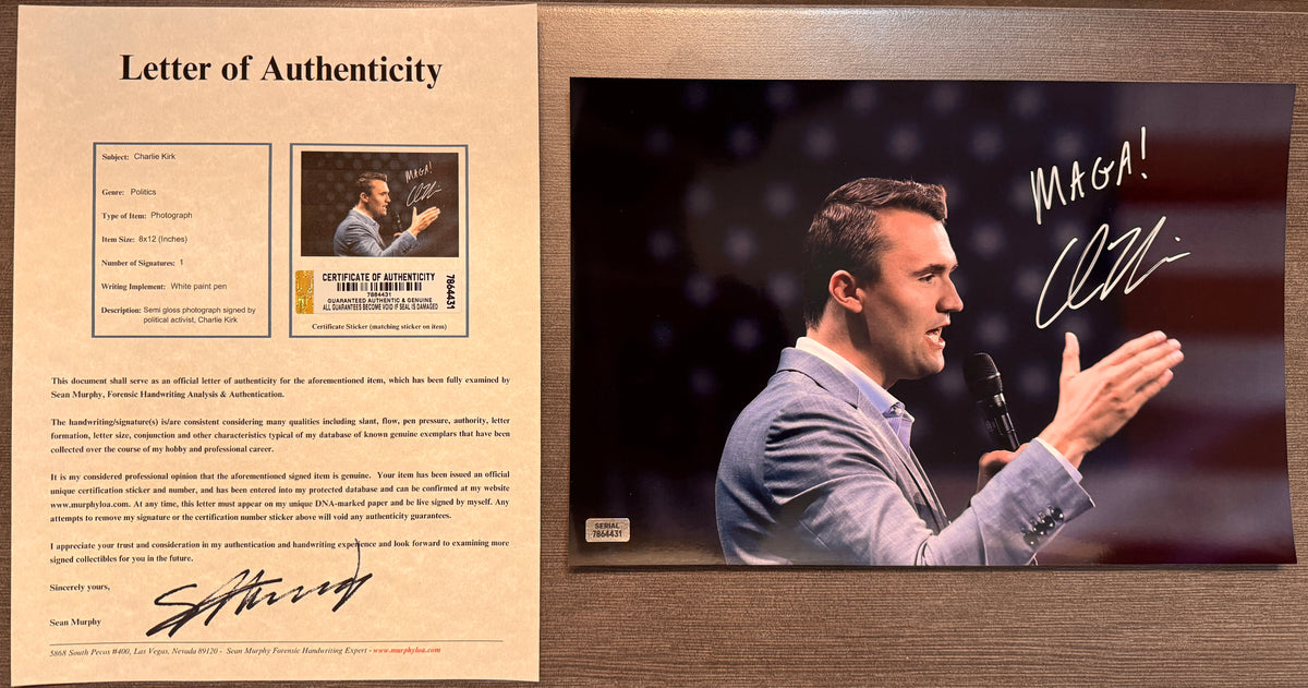 An autographed signed photo poster of conservative political activist, Charlie Kirk. He inscribed MAGA with his autograph. photograph autographs for sale with 8x12 inch picture with COA.
