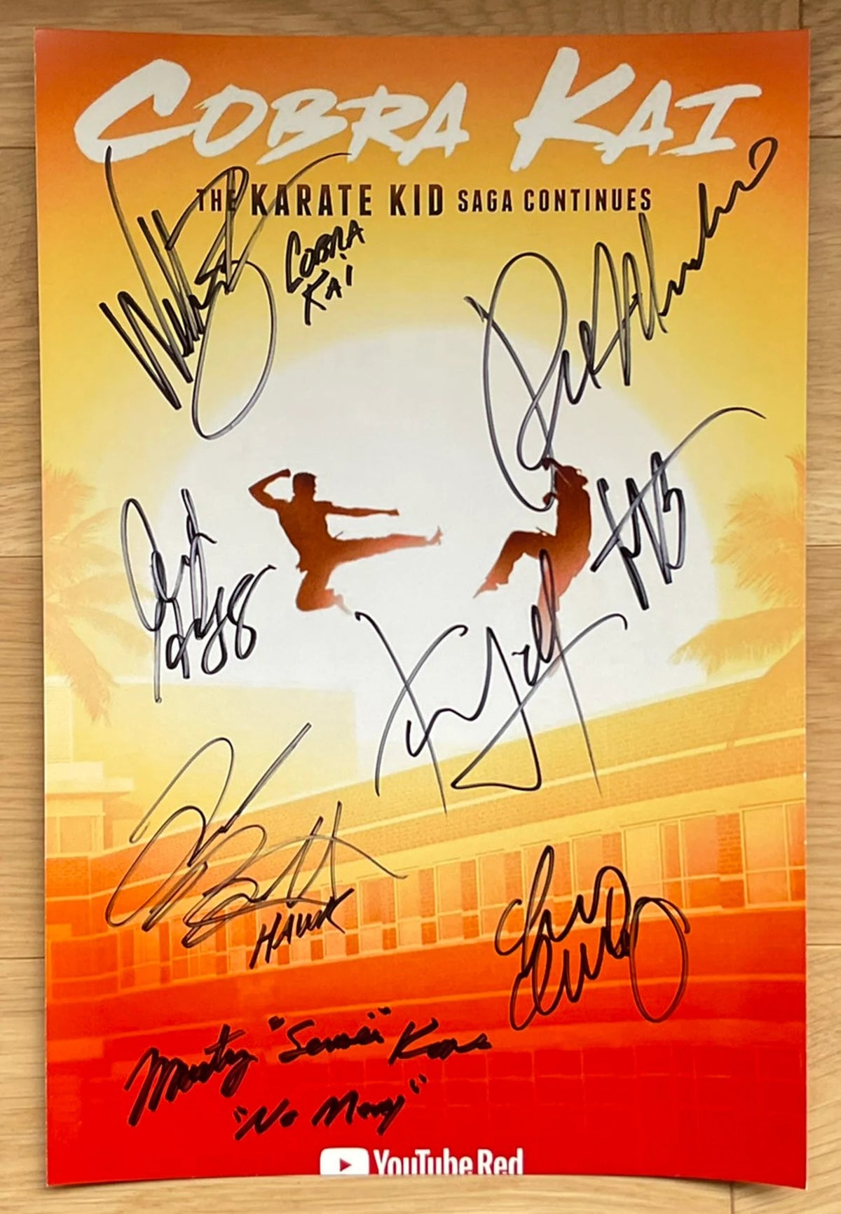 A cast autographed poster of television series Cobra Kai. Signed photo of Ralph Macchio, William Zabka, Xolo Mariduena, Martin Cove, Mary Mouser, Courtney Henggeler, Tanner Buchanan and Jacob Bertrand in black ink marker signatures. Photograph Cobra Kai autographs for sale on 8x12 inch picture.