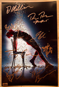 A cast autographed poster of the super hero movie Deadpool. Signed photo of Ryan Reynolds, Morena Baccarin, T.J. Miller, Josh Brolin, Brianna Hildebrand, Zazie Beetz, Bill Skarsgard and Terry Crews in gold ink marker signatures. Photograph autographs for sale on 8x12 inch picture.