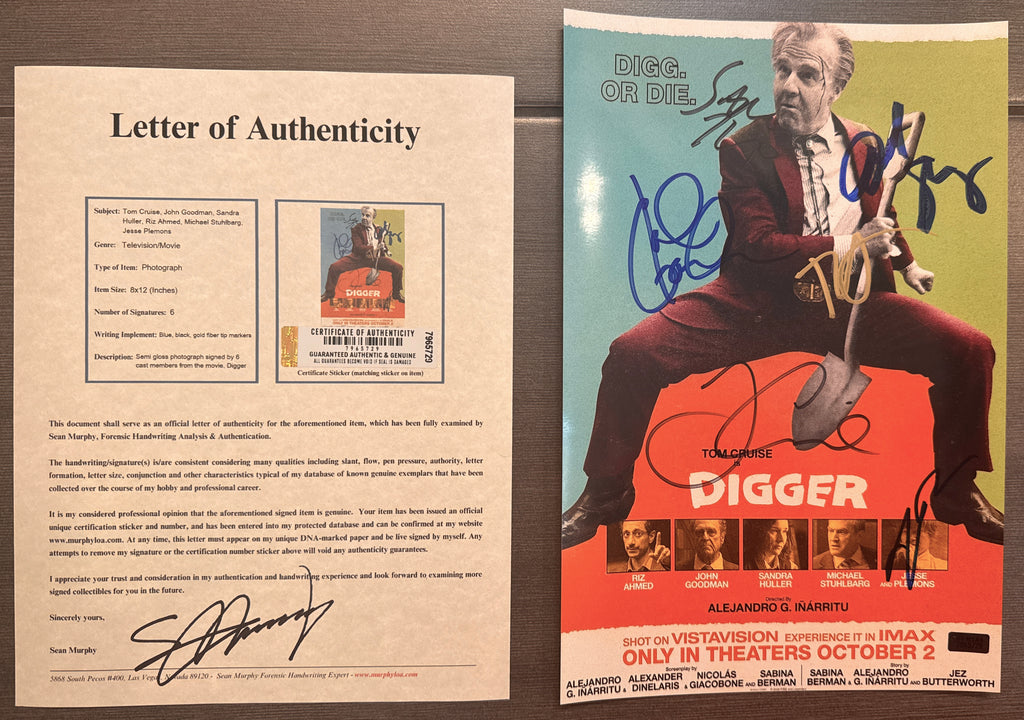 A cast autographed photo poster of the 2026 movie, DIGGER. Signed photograph of Tom Cruise, John Goodman, Riz Ahmed, Michael Stuhlbarg, Sandra Huller and Jesse Plemons in black, silver, blue ink marker signatures. Photograph Digger autographs for sale on 8x12 inch picture with COA.