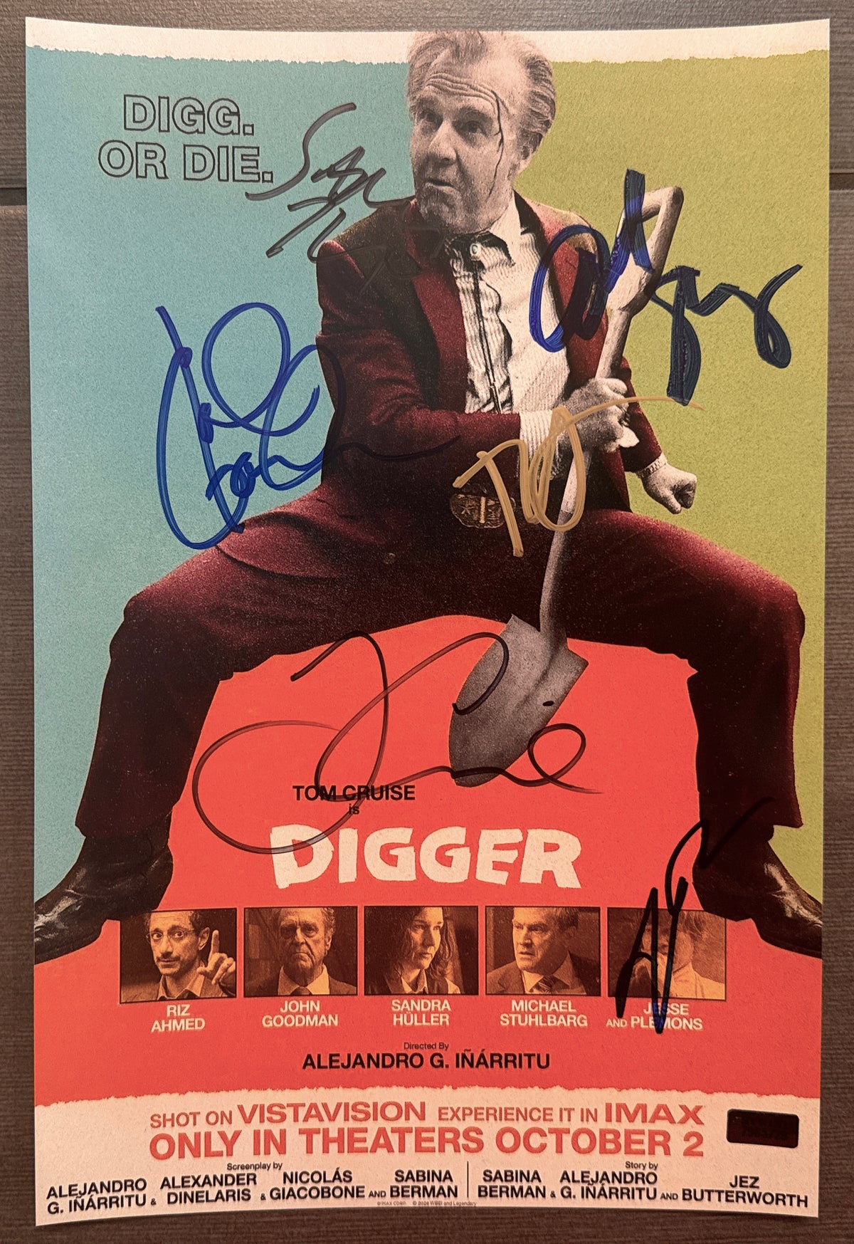 A cast autographed photo poster of the 2026 movie, DIGGER. Signed photograph of Tom Cruise, John Goodman, Riz Ahmed, Michael Stuhlbarg, Sandra Huller and Jesse Plemons in black, silver, blue ink marker signatures. Photograph Digger autographs for sale on 8x12 inch picture.