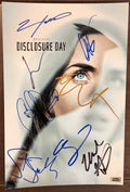 A cast autographed poster of the movie 'Disclosure Day'. Signed photo of Emily Blunt, Josh O'Connor, Eve Hewson, Colin Firth, Colman Domingo, Wyatt Russell, Michael Gaston and Steven Spielberg in black blue and gold ink marker signatures. Photograph autographs for sale on 8x12 inch picture.