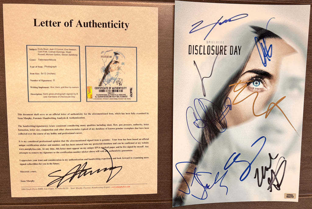 A cast autographed poster of the movie 'Disclosure Day'. Signed photo of Emily Blunt, Josh O'Connor, Eve Hewson, Colin Firth, Colman Domingo, Wyatt Russell, Michael Gaston and Steven Spielberg in black blue and gold ink marker signatures. Photograph autographs for sale on 8x12 inch picture with COA