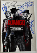 A cast autographed poster of the movie Django Unchained. Signed photo of Quentin Tarantino, Leonardo DiCaprio, Samuel L. Jackson, Jamie Foxx, Christoph Waltz and Kerry Washington in blue and black ink marker signatures. Photograph autographs for sale on 8x12 inch picture.