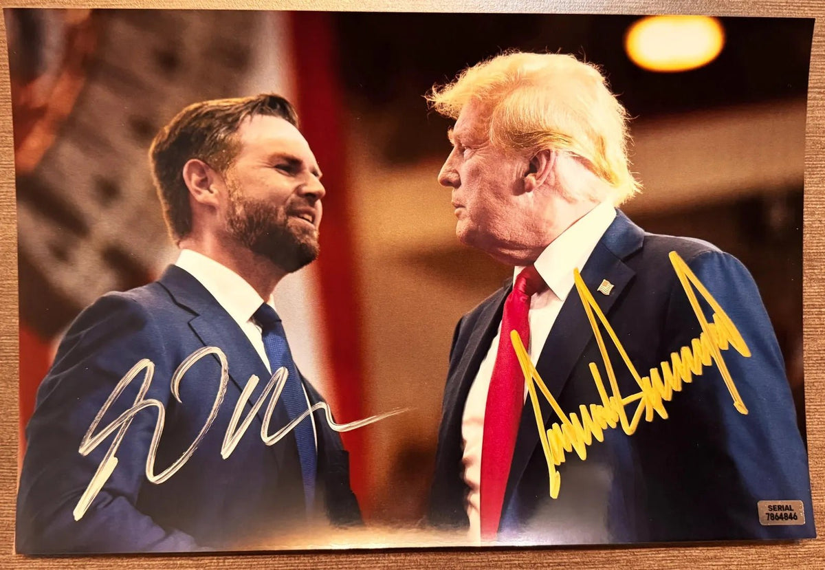 A dual autographed poster of the President of the United States of America and Vice President of the United States of America, Donald Trump and JD Vance. Signed photo in silver and gold ink marker signatures. Photograph Donald Trump autographs for sale on 8x12 inch picture.