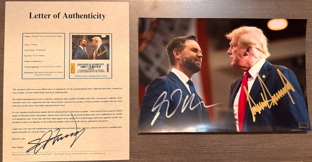 A dual autographed poster of the President of the United States of America and Vice President of the United States of America, Donald Trump and JD Vance. Dual signed photo of Donald Trump and JD Vance. Photograph autographs on 8x12 inch picture with COA