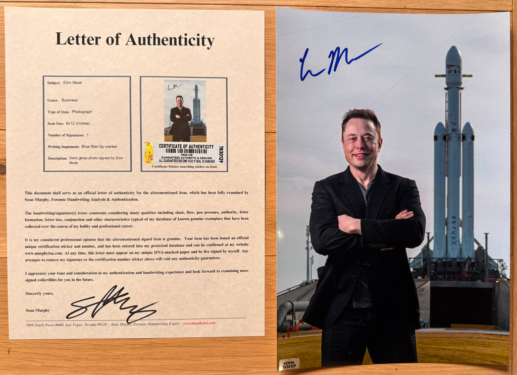 An autographed poster of Tesla and SpaceX CEO and Founder, Elon Musk. Signed photo in blue ink marker signatures. Photograph autographs for sale on 8x12 inch picture with COA.