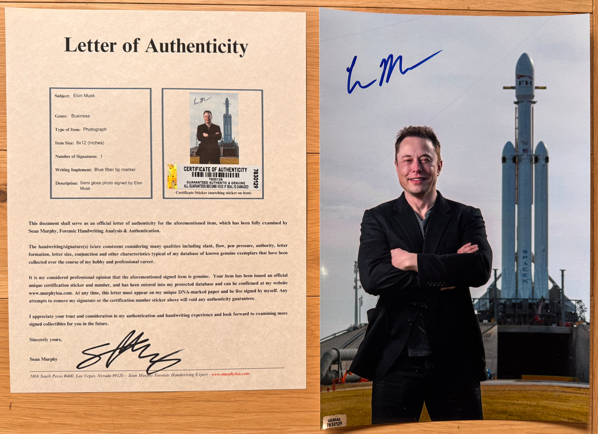 An autographed poster of Tesla and SpaceX CEO and Founder, Elon Musk. Signed photo in blue ink marker signatures. Photograph autographs for sale on 8x12 inch picture with COA.
