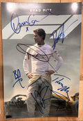A cast autographed poster of the movie F1. Signed photo of Brad Pitt, Damson Idris, Kerry Condon, Tobias Menzies, Javier Bardem, Joseph Kosinski in blue and black ink marker signatures. Photograph autographs for sale on 8x12 inch picture.