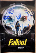 A cast autographed photo poster from the television series, Fallout. Signed photo of Ella Purnell, Aaron Moten, Walton Goggins, Moises Arias, Leslie Uggams and Zach Cherry in blue ink marker signatures. Photograph Fallout autographs for sale on 8x12 inch picture.