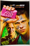 A cast autographed 8x12 movie poster for the film 'Fight Club'. Signed photo of Brad Pitt, Edward Norton, Jared Leto, Meat Loaf and Helena Bonham Carter in blue and black ink marker signatures. Photograph autographs for sale on 8x12 inch picture.