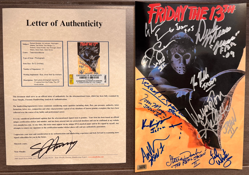 A cast autographed photo poster of all the actors who have played Jason Vorhees in the Friday the 13th series movies. Signed photo of Richard Brooker, Ari Lehman, Warrington Gillette, Ted White, Tom Morga, C.J. Graham, Kane Hodder, Ken Kirzinger, Derek Mears, Steve Dash and Glenn Ennis in silver ink marker signatures. Photograph friday the 13th autographs for sal on 8x12 inch picture with COA.
