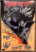 A cast autographed photo poster of all the actors who have played Jason Vorhees in the Friday the 13th series movies. Signed photo of Richard Brooker, Ari Lehman, Warrington Gillette, Ted White, Tom Morga, C.J. Graham, Kane Hodder, Ken Kirzinger, Derek Mears, Steve Dash and Glenn Ennis in silver ink marker signatures. Photograph friday the 13th autographs for sal on 8x12 inch picture.