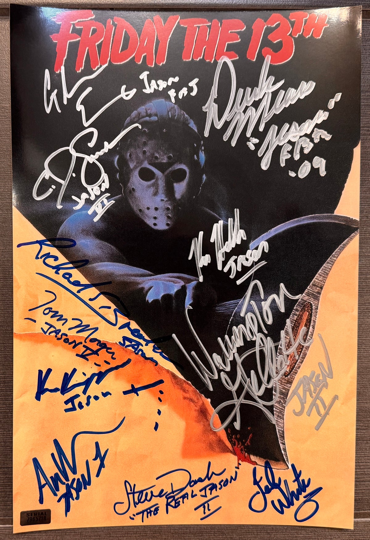 A cast autographed photo poster of all the actors who have played Jason Vorhees in the Friday the 13th series movies. Signed photo of Richard Brooker, Ari Lehman, Warrington Gillette, Ted White, Tom Morga, C.J. Graham, Kane Hodder, Ken Kirzinger, Derek Mears, Steve Dash and Glenn Ennis in silver ink marker signatures. Photograph friday the 13th autographs for sal on 8x12 inch picture.