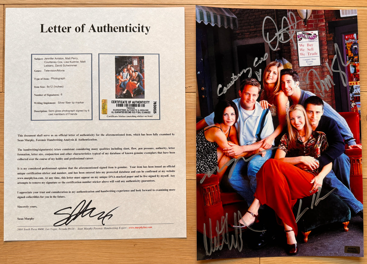 A cast autographed poster of the television show Friends. Signed photo of Jennifer Aniston, Matt Perry, Courteney Cox, Lisa Kudrow, Matt Leblanc and David Schwimmer in silver ink markers. Photograph autographs for sale on 8x12 inch picture with COA.