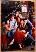 A cast autographed poster of the television show Friends. Signed photo of Jennifer Aniston, Matt Perry, Courteney Cox, Lisa Kudrow, Matt Leblanc and David Schwimmer in silver ink markers. Photograph autographs for sale on 8x12 inch picture.