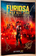 A cast autographed photo poster from the movie, Furiosa A Mad Max Saga. Signed photo of Anya-Taylor-Joy, Chris Hemsworth, Tom Burke, Alyla Browne and George Miller in gold ink marker signatures. Photograph Furiso Mad Max Sage autographs for sale on picture.