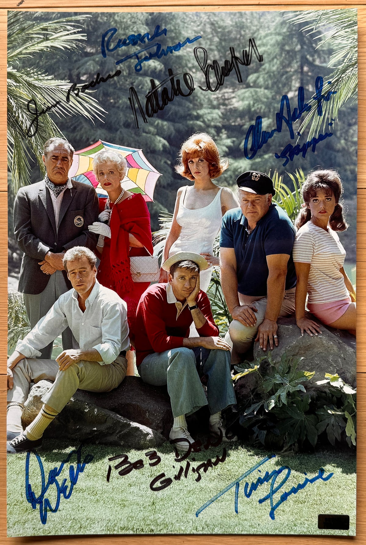 A cast autographed poster from the television series Gilligans Island or Gilligan's Island. Signed photo of Bob Denver, Alan Hale Jr., Jim Backus, Natalie Schafer, Tina Louise, Russell Johnson and Dawn Wells in blue and black ink marker signatures. Photograph autographs for sale on 8x12 inch picture.