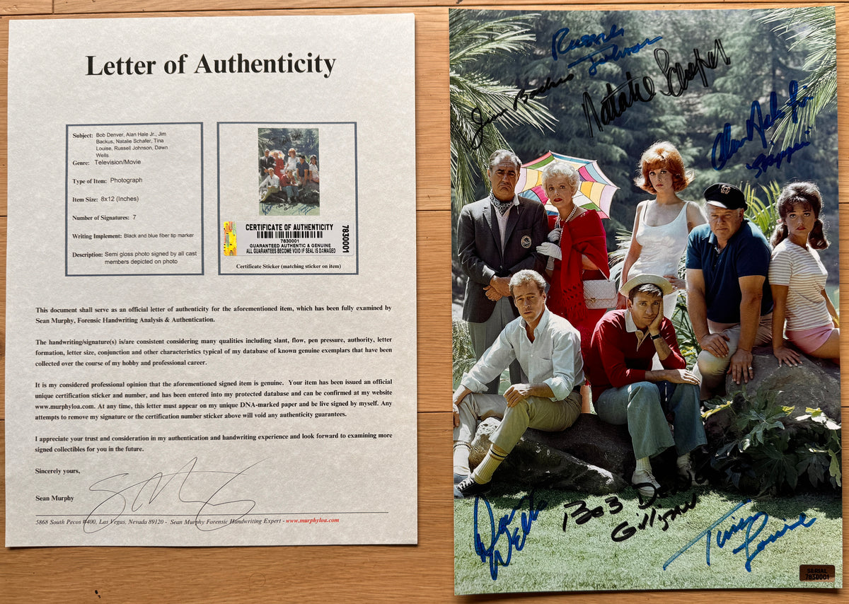 An autographed photo from the television series Gilligans Island or Gilligan's Island. Signed photograph of Bob Denver, Alan Hale Jr., Jim Backus, Natalie Schafer, Tina Louise, Russell Johnson and Dawn Wells in blue ink. poster is 8x12 inches in size. Autographs for sale with COA.