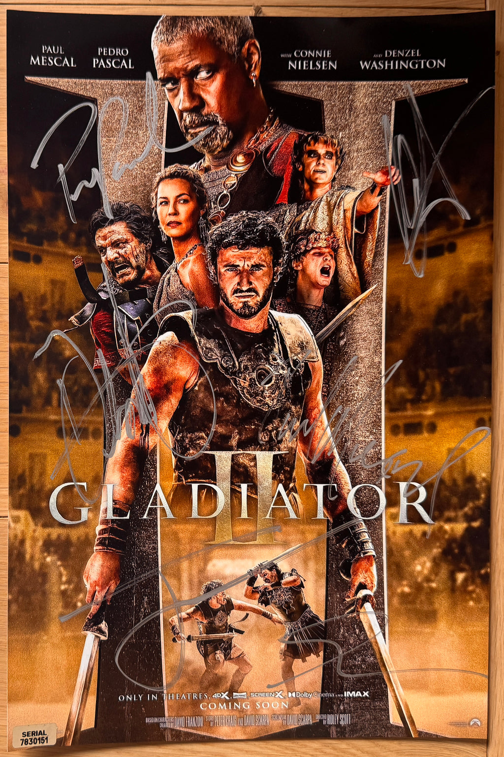 A cast autographed photo poster from the movie, Gladiator II also known as Galdiator 2. Signed photo of Paul Mescal, Pedro Pascal, Denzel Washington, Connie Nielsen, Joseph Quinn and Fred Hechinger in silver ink marker signatures. Photograph Gladiator autographs for sale on picture.