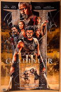 A cast autographed photo poster from the movie, Gladiator II also known as Galdiator 2. Signed photo of Paul Mescal, Pedro Pascal, Denzel Washington, Connie Nielsen, Joseph Quinn and Fred Hechinger in silver ink marker signatures. Photograph Gladiator autographs for sale on picture.