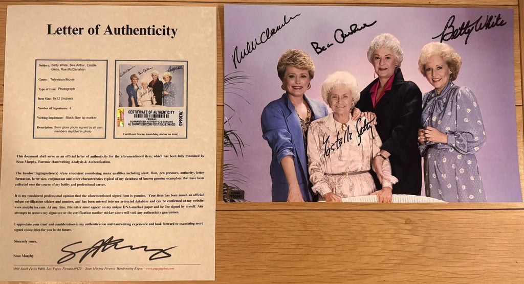 A cast autographed poster of the television show, The Golden Girls. Signed photo of Bea Arthur, Betty White, Rue McClanahan and Estelle Getty in black ink markers signatures. Photograph autographs for sale on 8x12 inch picture with COA.
