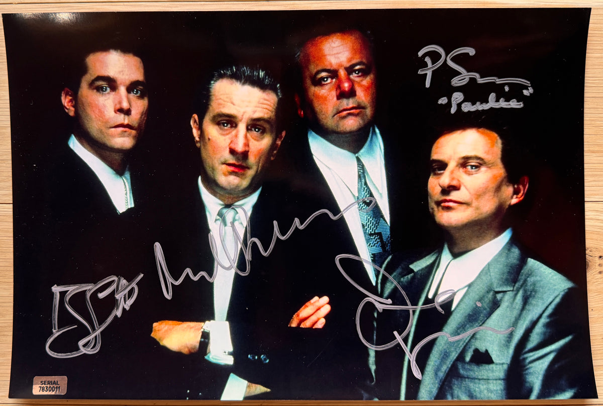 A cast autographed poster of the gangster biopic movie, Goodfellas. Signed photo of Robert De Niro, Joe Pesci, Ray Liotta and Paul Sorvino in silver ink marker signatures. Photograph autographs for sale on 8x12 inch picture.
