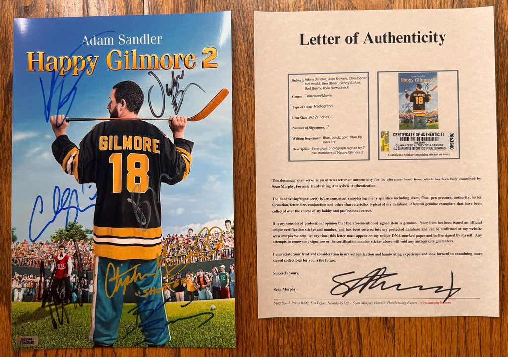 An autographed photo print of the movie 'Happy Gilmore 2'. Signed poster by Adam Sandler, Julie Bowen, Christopher McDonald, Ben Stiller, Benny Safdie, Bad Bunny and Kyle Newacheck in black silver gold blue ink markers. Photograph autographs for sale with 8x12 inch picture with COA.