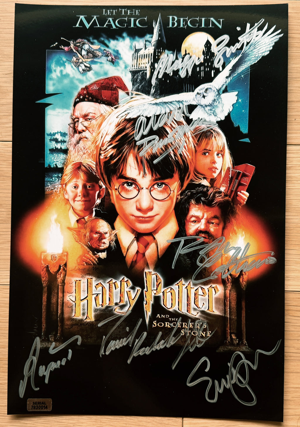 A cast autographed Harry Potter and the Sorcerer's Stone poster, signed photo of Daniel Radcliffe, Emma Watson, Alan Rickman, Rupert Grint, Robbie Coltrane and Maggie Smith in silver ink marker signatures. Photograph autographs for sale on 8x12 inch picture.